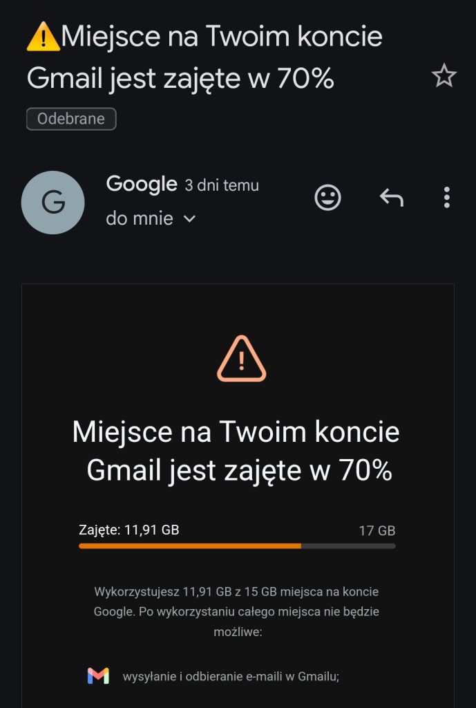Mijesce na Twoim koncie Gmail jest zajęte w 70%